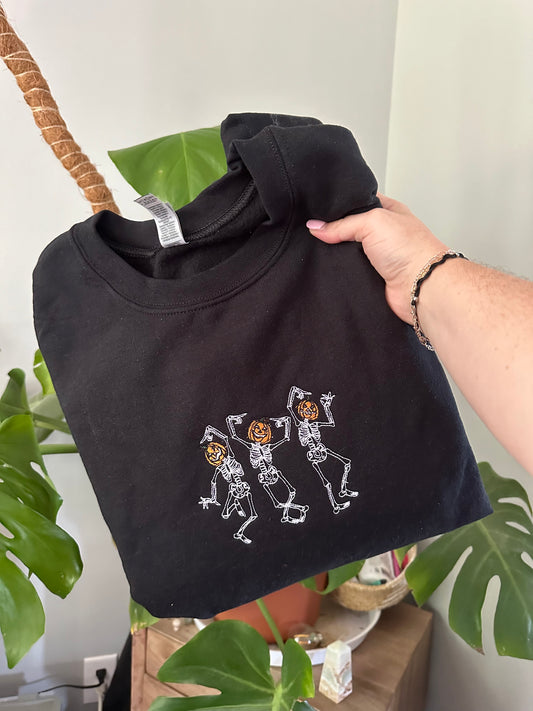 Dancing Pumpkin Head Skeletons Embroidered Sweatshirt